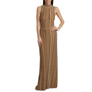 NWT Veronica Beard Anna Gold Bronze Brown and Cream Striped Knit Maxi Dress